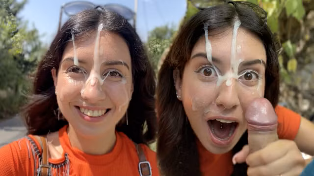 Public blowjob in the bushes with stranger and crazy cum covered cumwalk